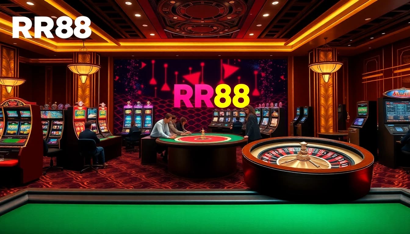 RR88 online casino vibrant gaming atmosphere with poker and slot machines.
