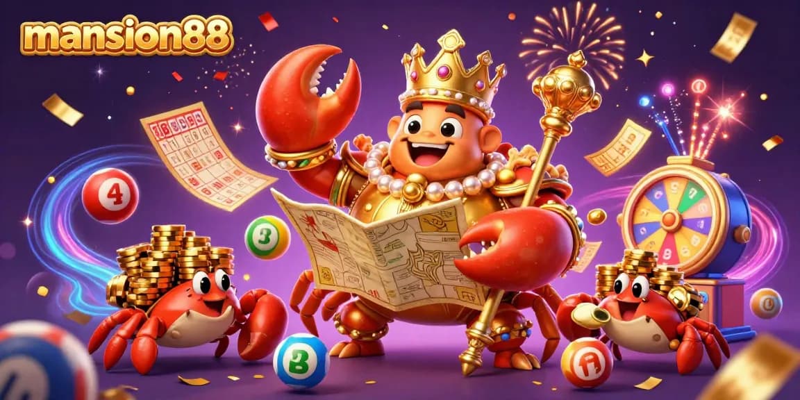 Experience excitement at mansion88 with a vibrant 3D gambling scene featuring a majestic crab emperor.