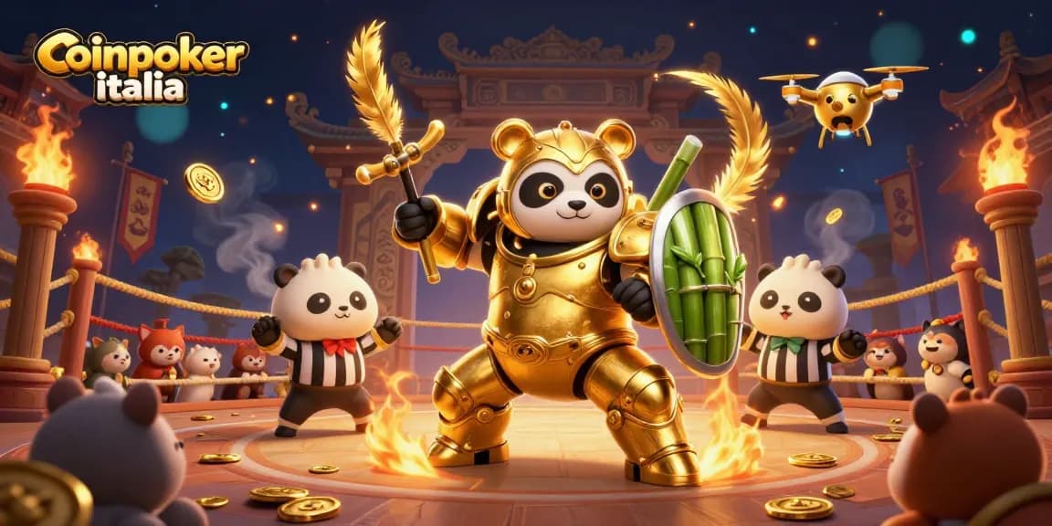 Gioca a CoinPoker Italia con emozione tra robot e spettatori animali in un'illustrazione 3D unica.