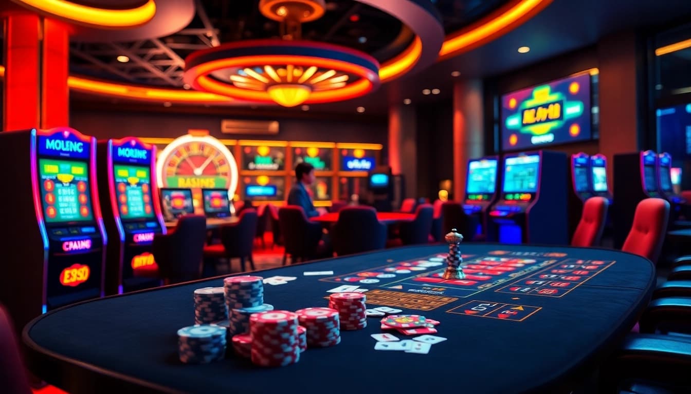 Exciting gambling scene featuring 상품권카드 amidst vibrant casino tables and slot machines.