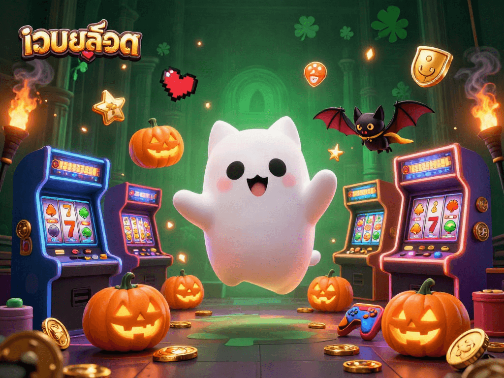 Engage with เว็บสล็อต's thrilling slots revolution in this vibrant gaming world illustration.