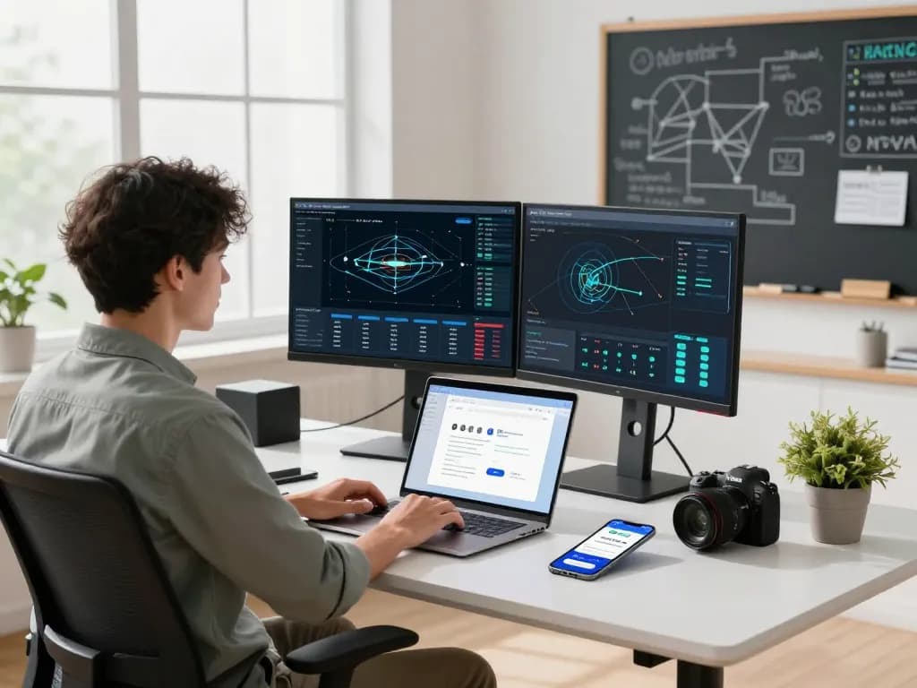 快连 network engineer configuring VPN in a modern workspace, showcasing dual monitors and user-friendly interface elements.