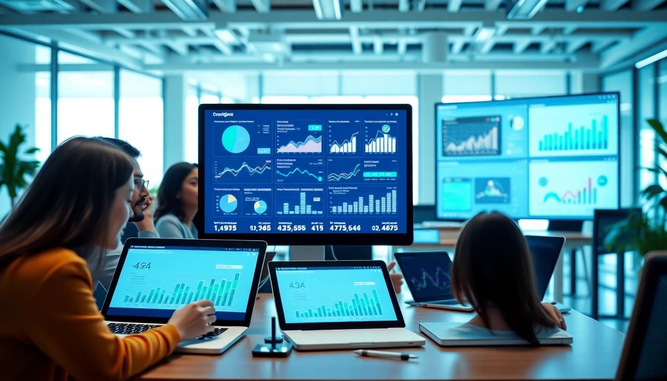 Analyze AI for competitor analysis tools with a diverse team in a modern workspace.