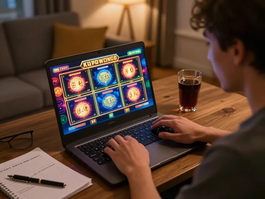 Engaging online gaming scene showcasing เว็บตรงสล็อต on a laptop during cozy home session.