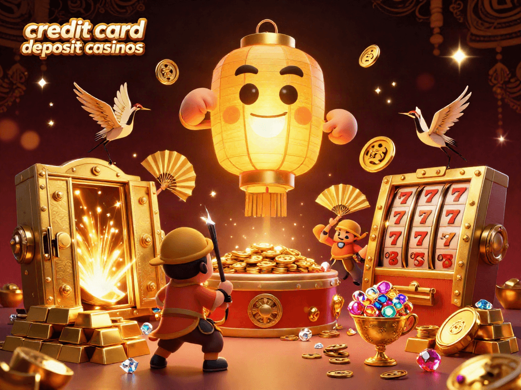 Engage with credit card deposit casinos using this vibrant 3D illustration featuring lucky symbols and gold assets.