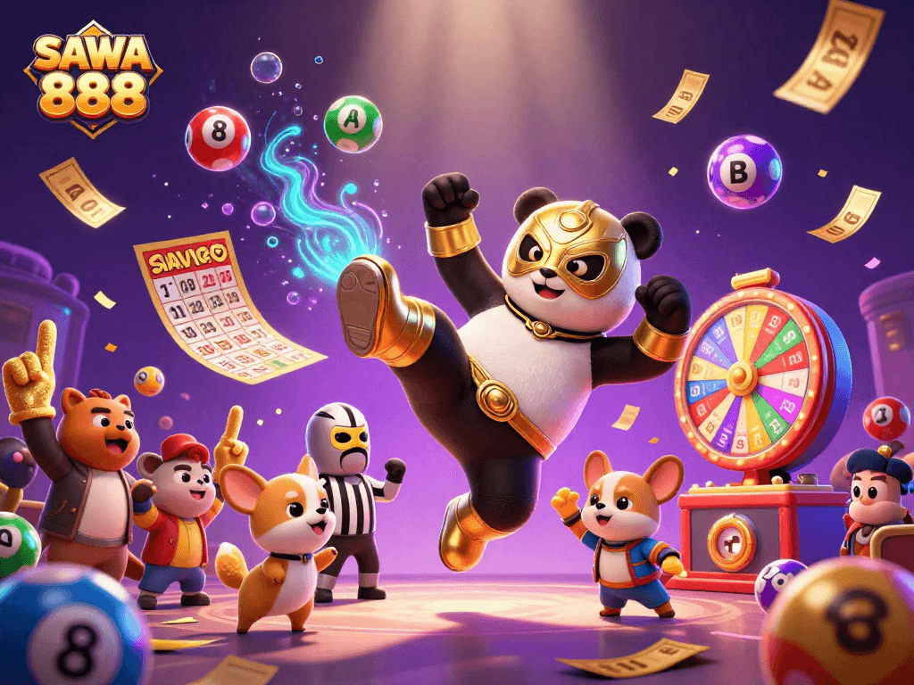 Experience thrilling moments with SAWA 888 as a panda wrestler kicks high among lottery balls and confetti!