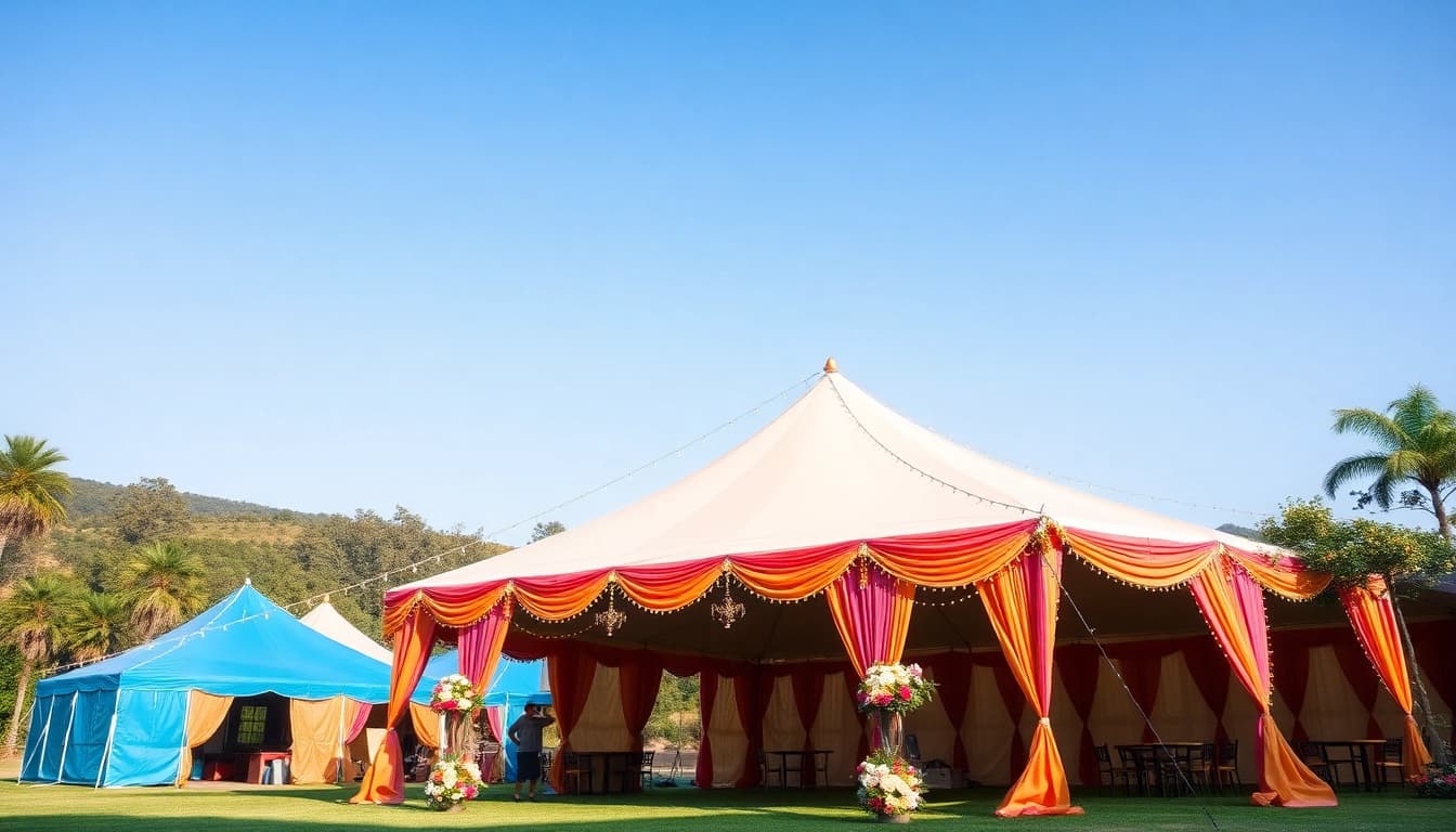 Showcasing vibrant Tent Rentals in a scenic outdoor setting decorated for a celebration.