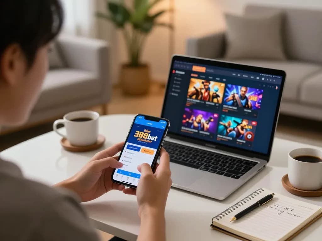 Engaged player using nhà cái 388bet app on smartphone in modern home gaming setup