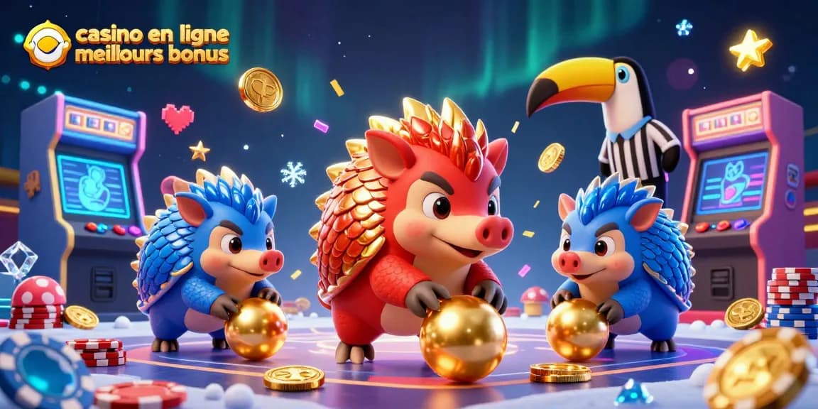 Découvrez les meilleurs bonus en ligne de casino dans cette scène colorée et dynamique pleine de jeux et de gains.