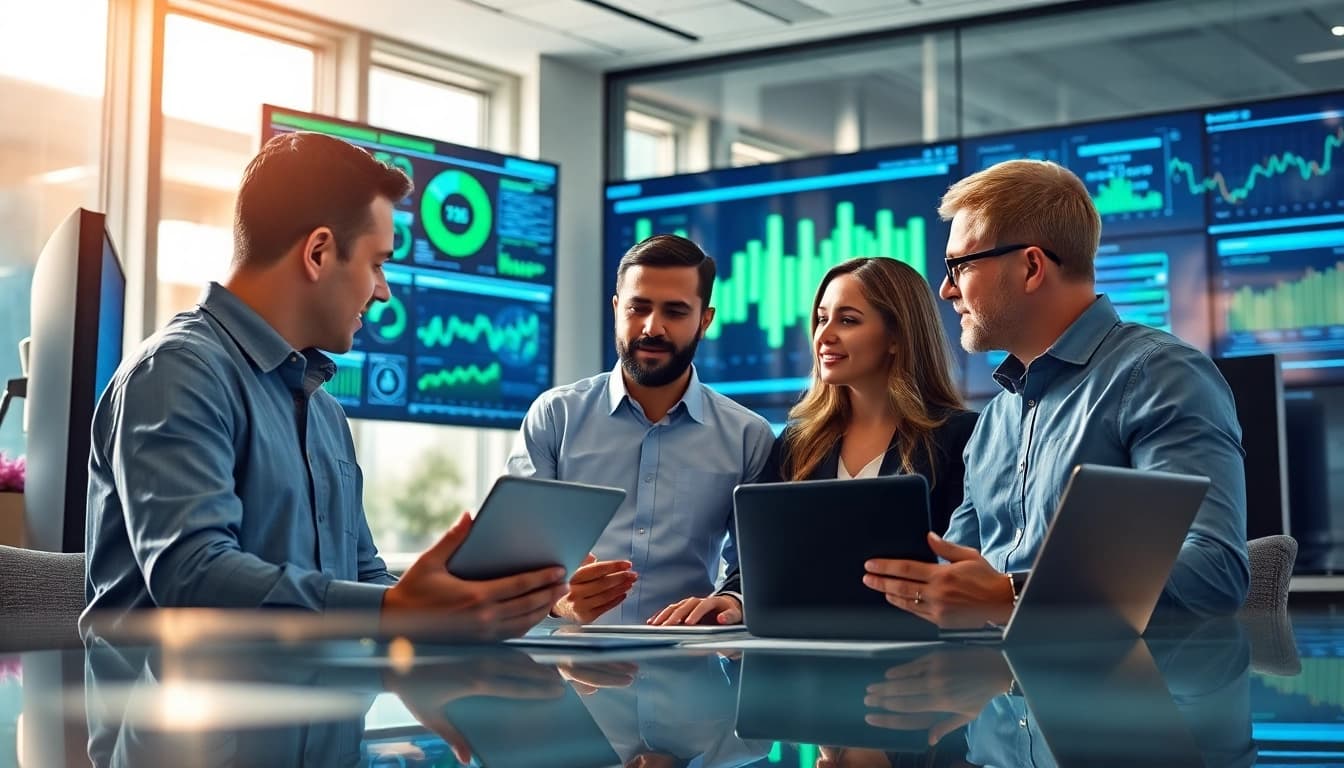 Team engaging in managed it service discussions in a bright, modern office.