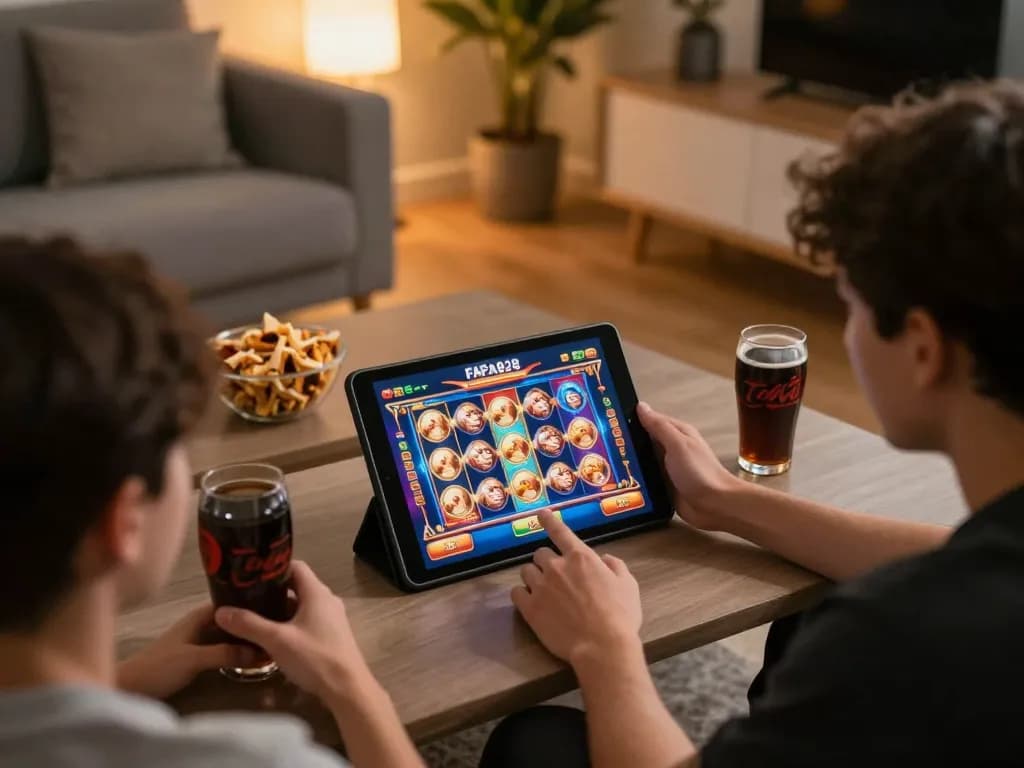 Player enjoying FAFA828 online slots on a tablet in a cozy home setting