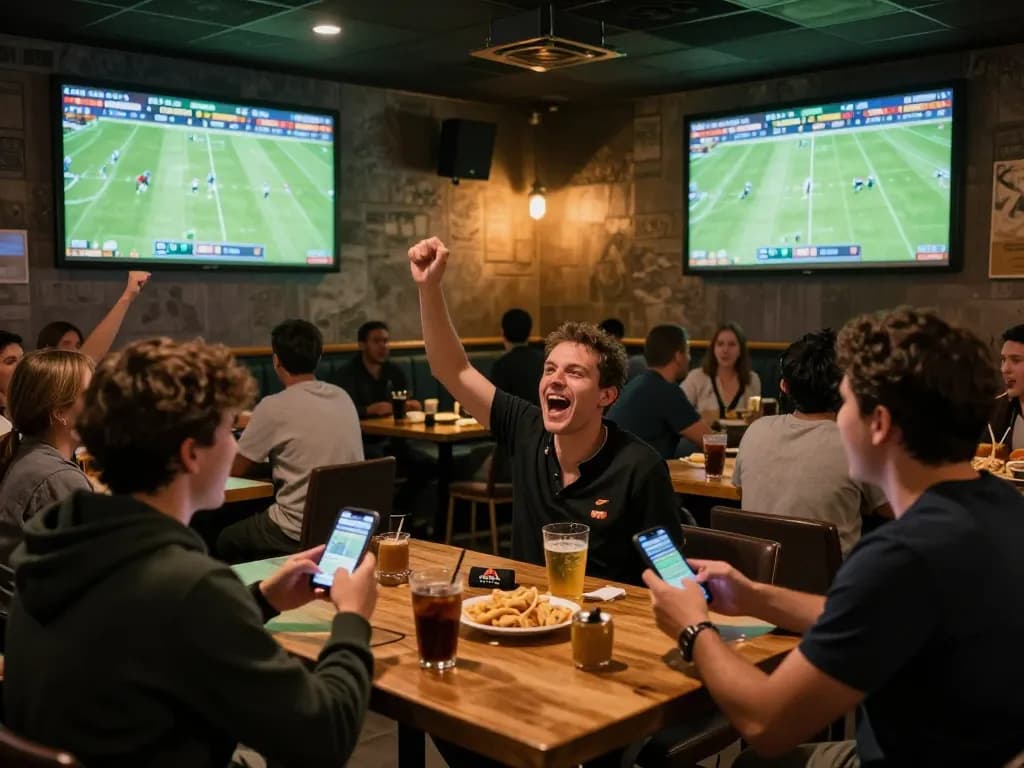 Cakhia TV live betting experience in a vibrant sports bar filled with cheering fans.