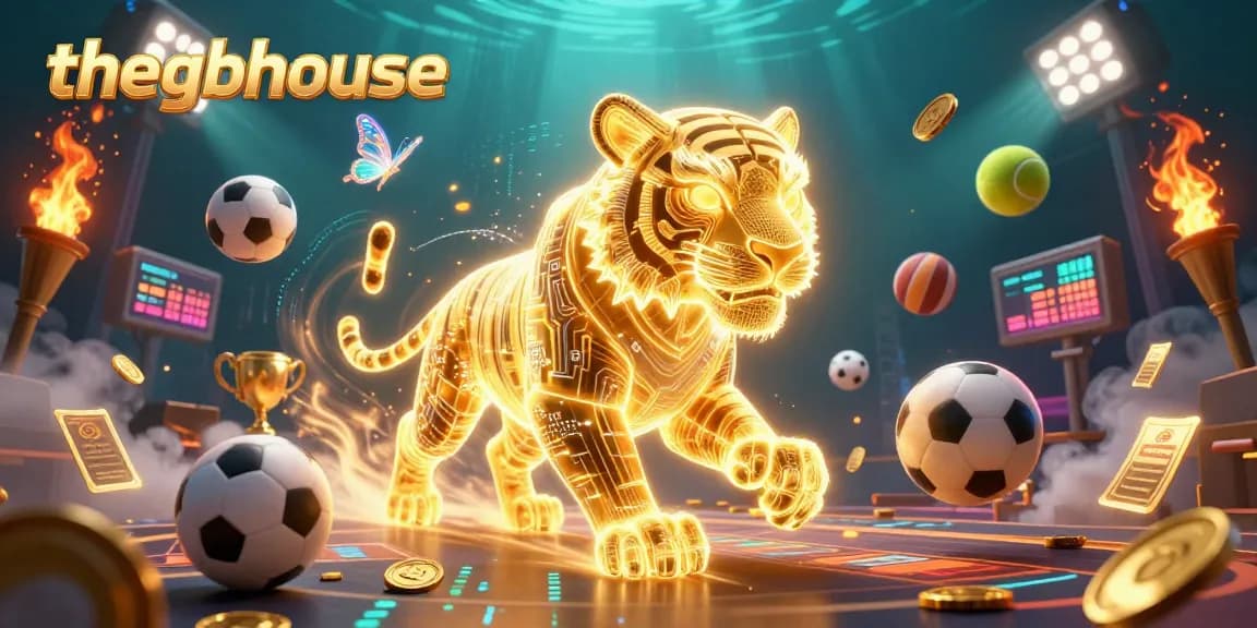 Thegbhouse showcases a vibrant scene where a golden tiger navigates a bustling digital casino filled with sports elements.
