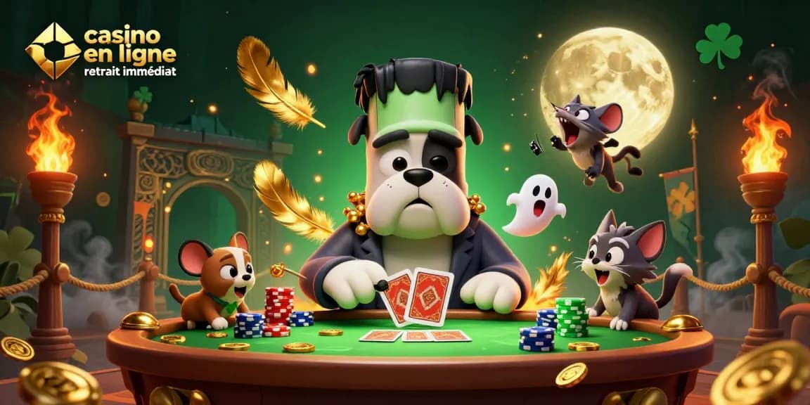 Profitez des jeux de casino en ligne avec retrait immédiat avec un bulldog Frankenstein et des éléments de casino captivants.
