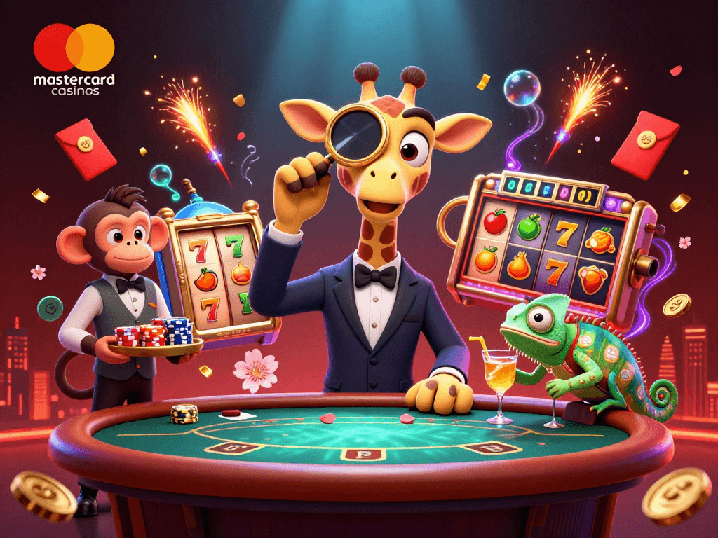 Experience the excitement at mastercard casinos with animated characters enjoying slots and jackpots.