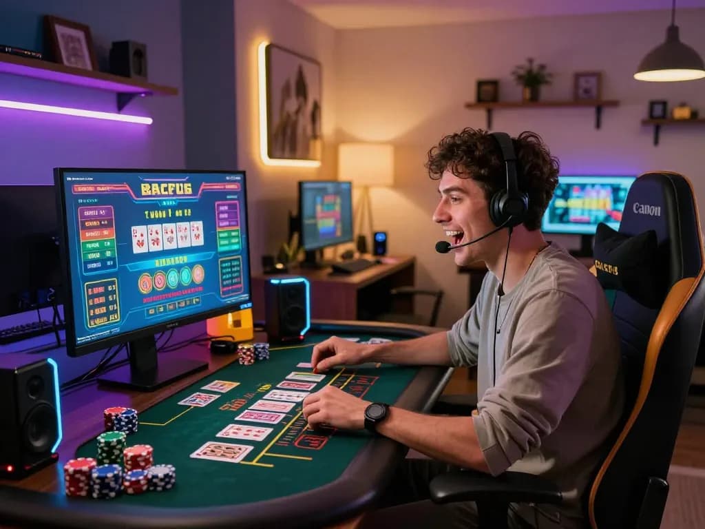 Live baccarat gaming experience on a modern computer setup, showcasing excitement and engagement with the game in 2026.