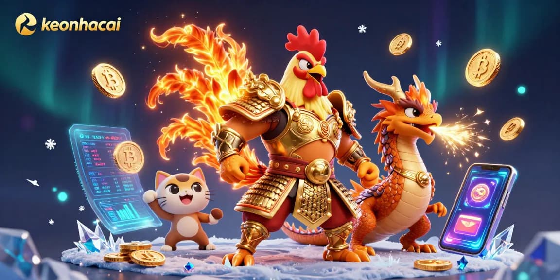 Engage in exciting bets at keonhacai with dynamic 3D illustration of a rooster warrior and dragon hatchling.