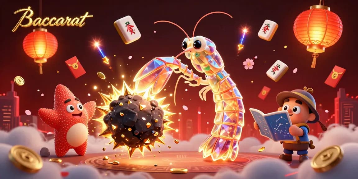 Baccarat game scene featuring a galactic mantis shrimp in action amidst floating casino elements, expressing excitement.