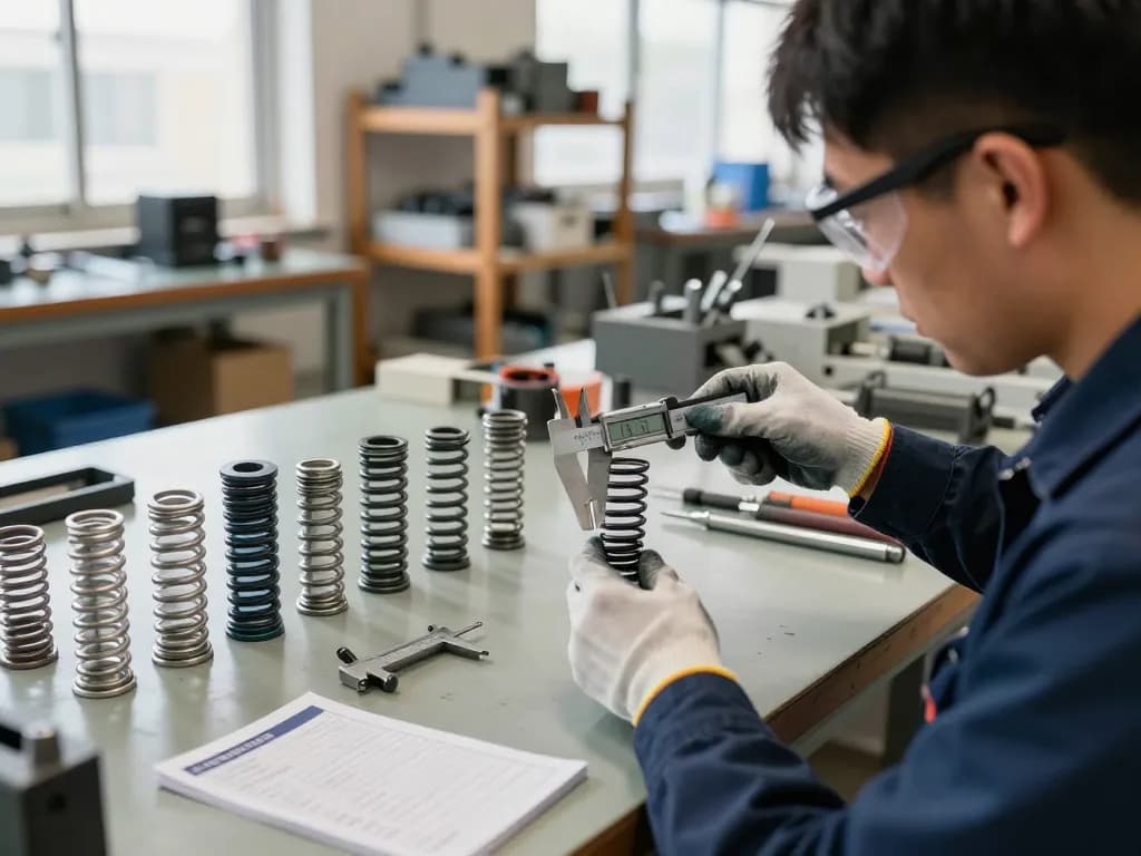 Tehnician inspectând Arcuri compresie într-un atelier industrial, evidențiind uneltele de precizie și organizarea locului de muncă.