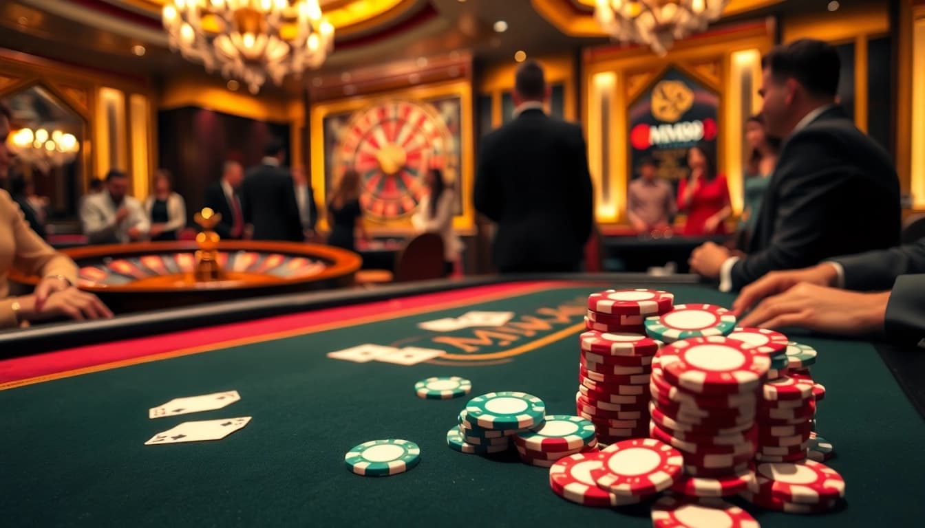 MM88 enthusiasts playing poker at a luxurious casino table with vibrant chips and cards.