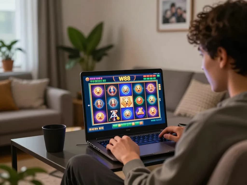 Player enjoys W88 slot game victory on laptop at home in a cozy living room setting.