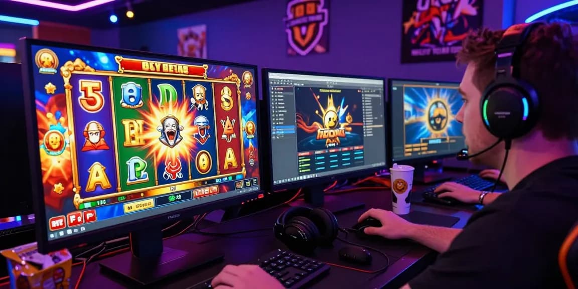 Engaged player at a vibrant online casino exploring bonus buy slots on https://aboutderbyshire.co.uk with exciting visuals.