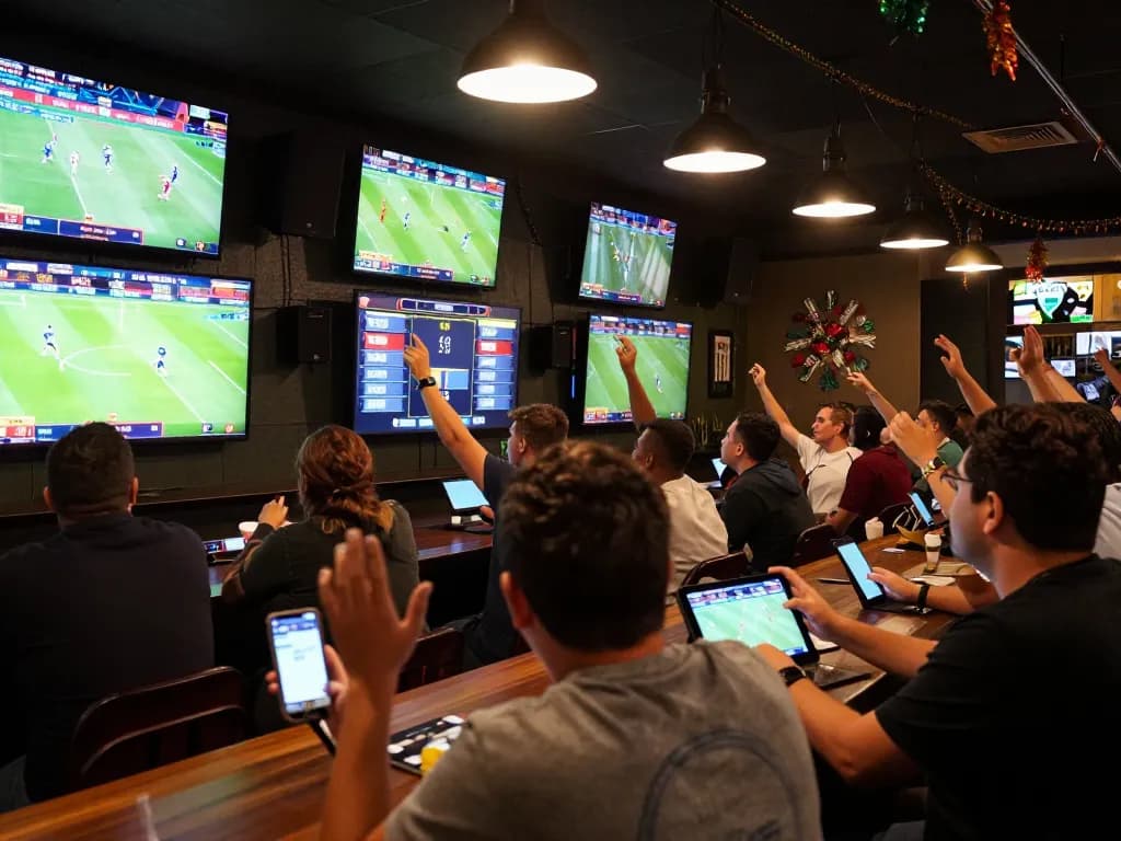 CakhiaTV sports fans actively placing bets and enjoying the live match atmosphere in a vibrant bar.