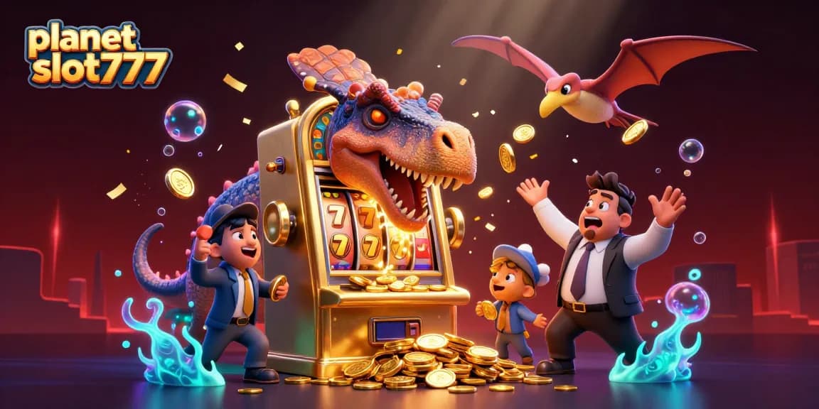 Melihat planet slot777, dinosaurus lucu memainkan mesin slot yang memancarkan koin emas yang mengesankan.