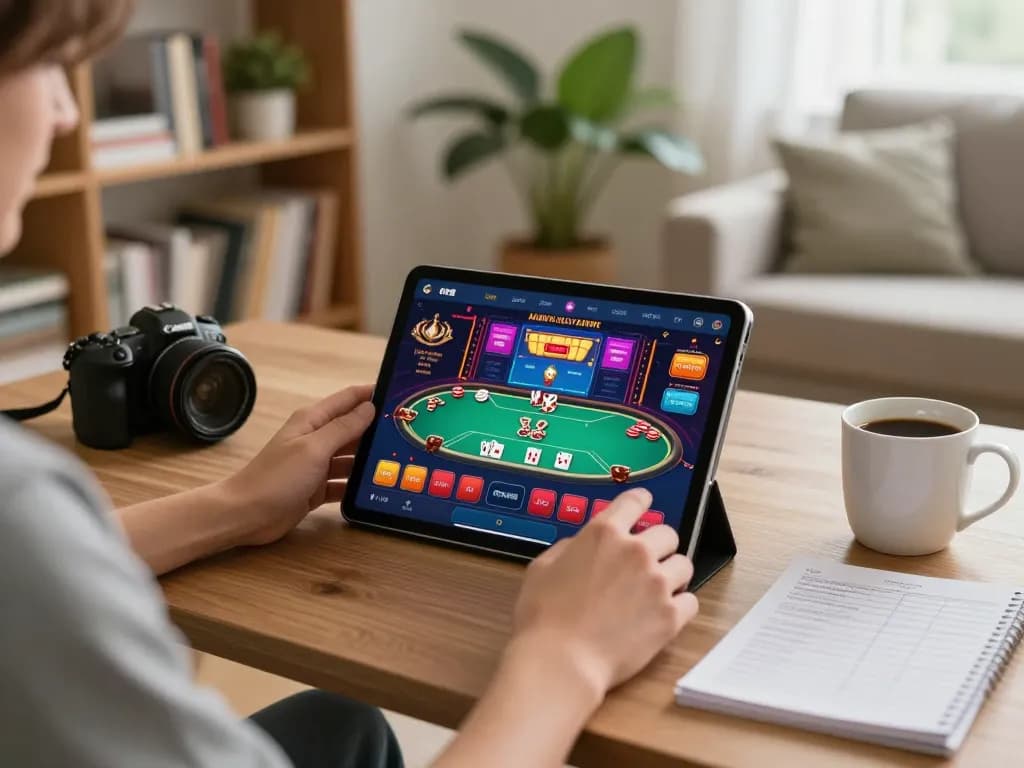 Engaging online poker gameplay on a tablet showcasing u888 for responsible gaming in a cozy home