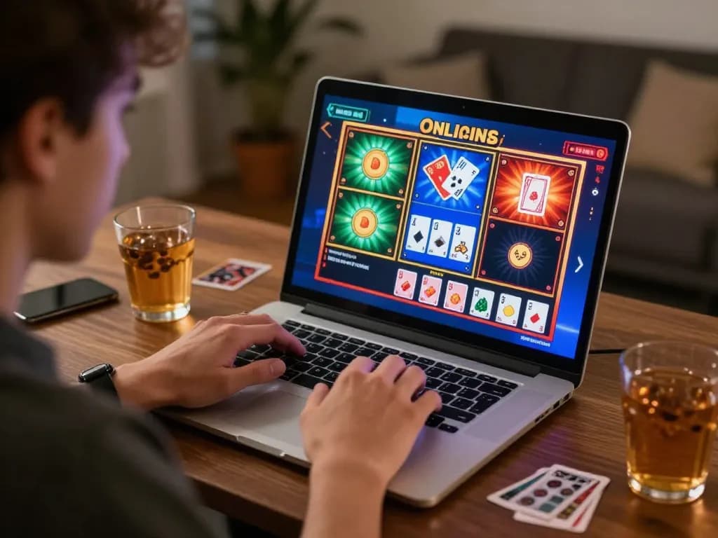 Engaging in Canada online casinos reddit on laptop during a cozy home gaming session.