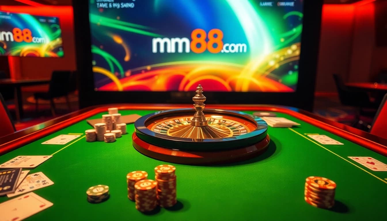 Engaging online gambling scene showcasing mm88 com with a roulette wheel and vibrant casino elements.