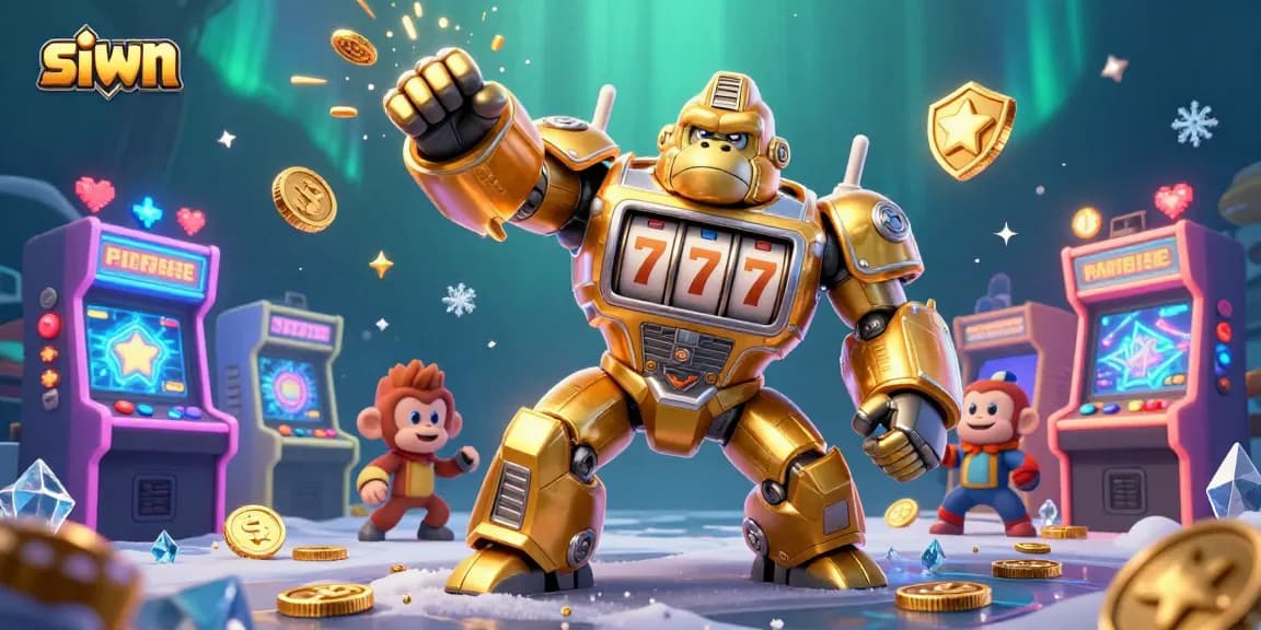 Experience the thrilling world of siwn with an explosive golden gorilla mech blasting coins at a vibrant casino scene.
