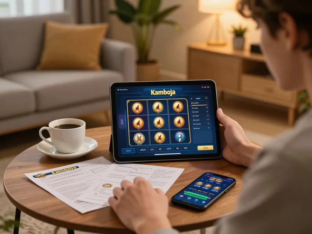 Engaging online gameplay on slot server Kamboja with tablet in a cozy home setting.