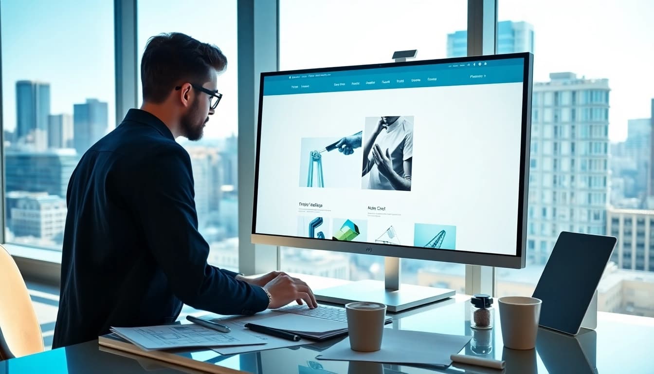 Elevated edmonton web design workspace showcasing a graphic designer creating a modern layout.
