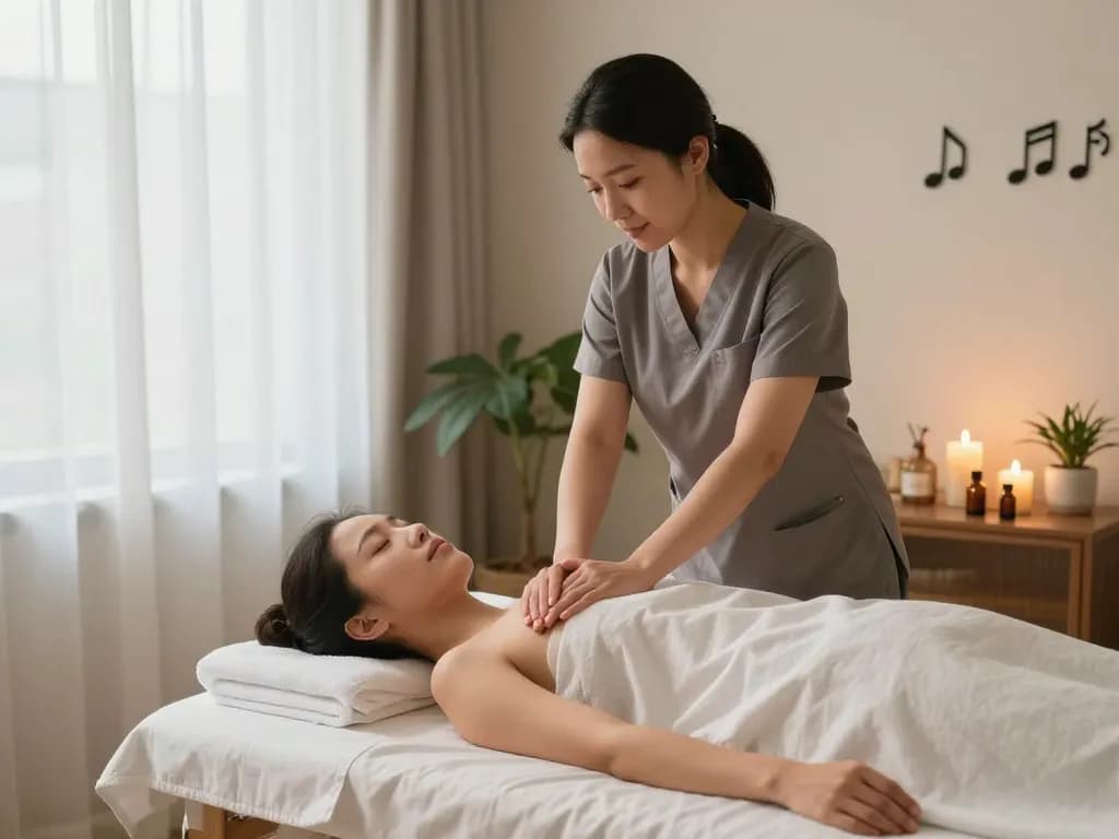 Relaxation therapy scene showcasing maxim-anma.net's professional home massage service with calming ambiance and skilled therapist.