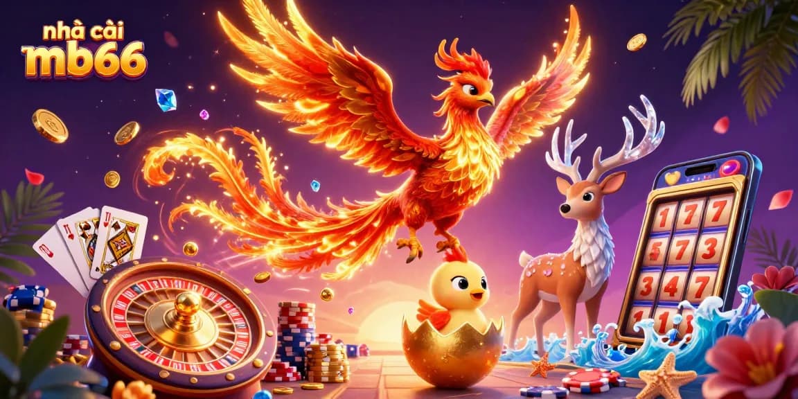 Experience gaming excitement at nhà cái mb66 featuring a vibrant phoenix and casino elements.