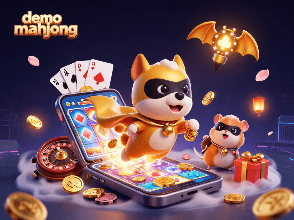 Menangkan demo mahjong dengan ilustrasi kasino 3D ceria yang menampilkan superhero anjing dan elemen gaming menarik.