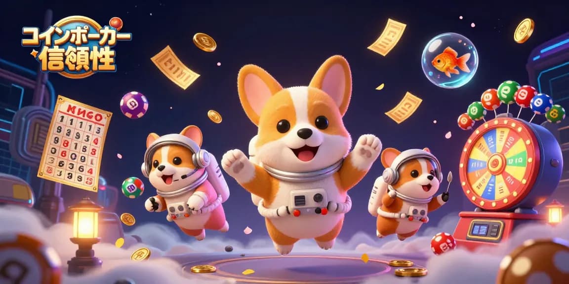 コインポーカー 信頼性の検証活動に浮かぶ宇宙犬のイラスト。楽しいギャンブルシーンが表現されています。