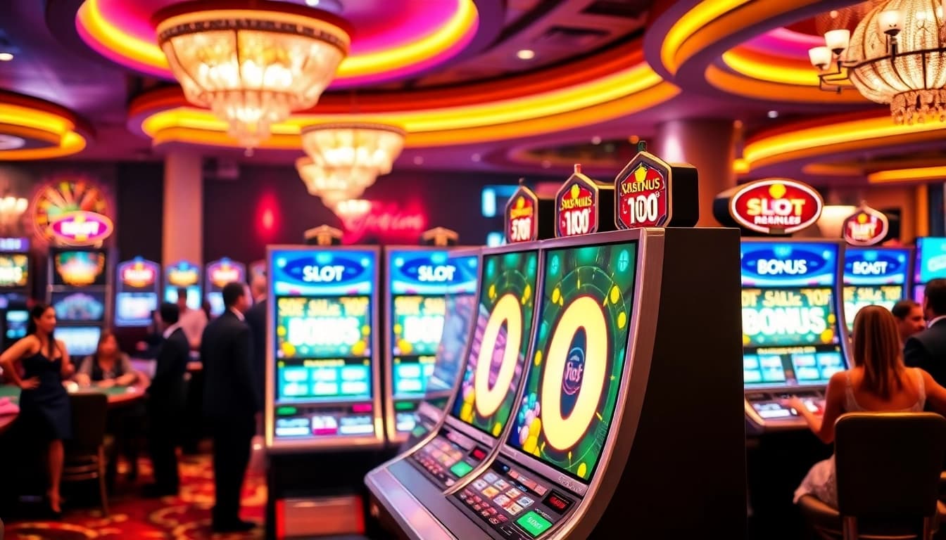 Rasakan keseruan Slot Bonus 100 dengan mesin slot yang berwarna-warni dan pemain yang antusias.