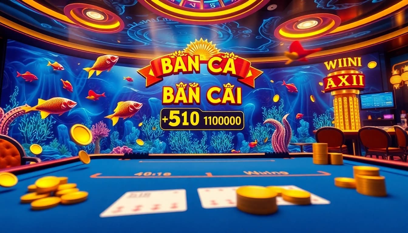 Experience bắn cá đổi thưởng in a vibrant casino atmosphere with colorful fish and exciting rewards.