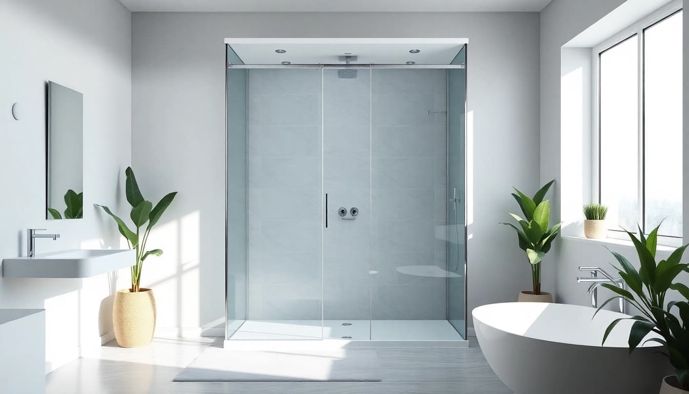 Admire a stylish cabine de douche italienne with modern fixtures and natural light in a serene bathroom.