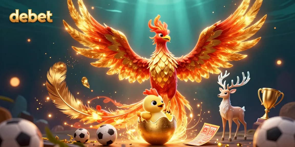 Experience chances to win at debet with a vibrant depiction of sports betting elements and a mystical phoenix.
