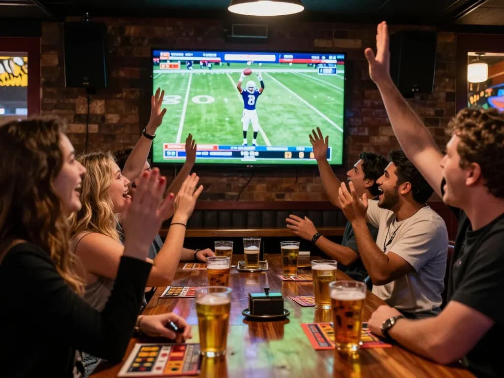 Exciting sports betting scene as nhà cái shbet options spark celebration among fans in sports bar.