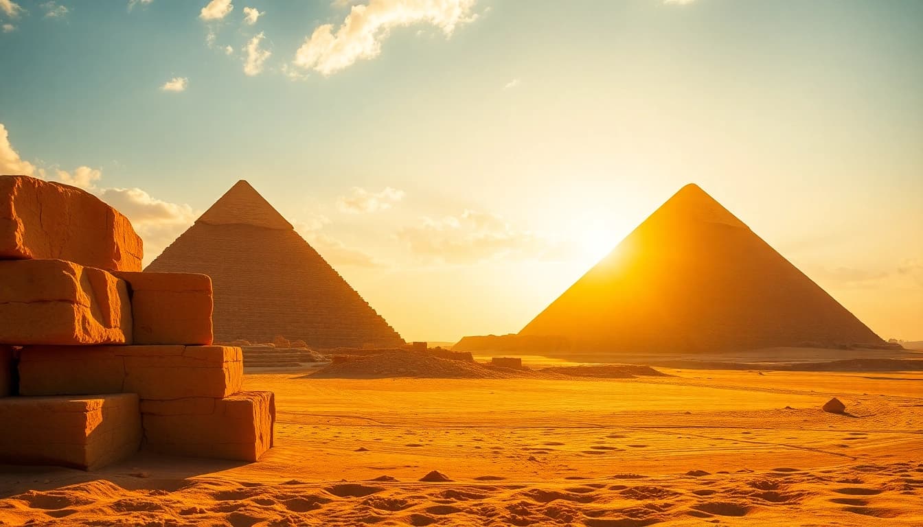 View of piraminds illuminated by sunset, showcasing ancient architecture and desert landscape.