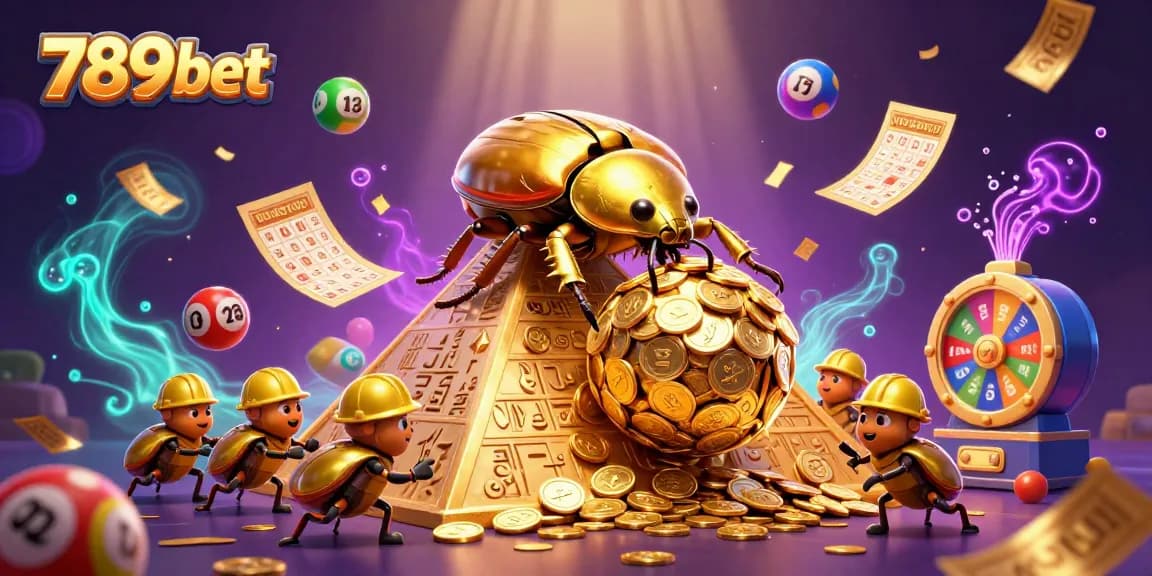 Experience the excitement of 789bet with a golden beetle rolling coins and vibrant casino elements.