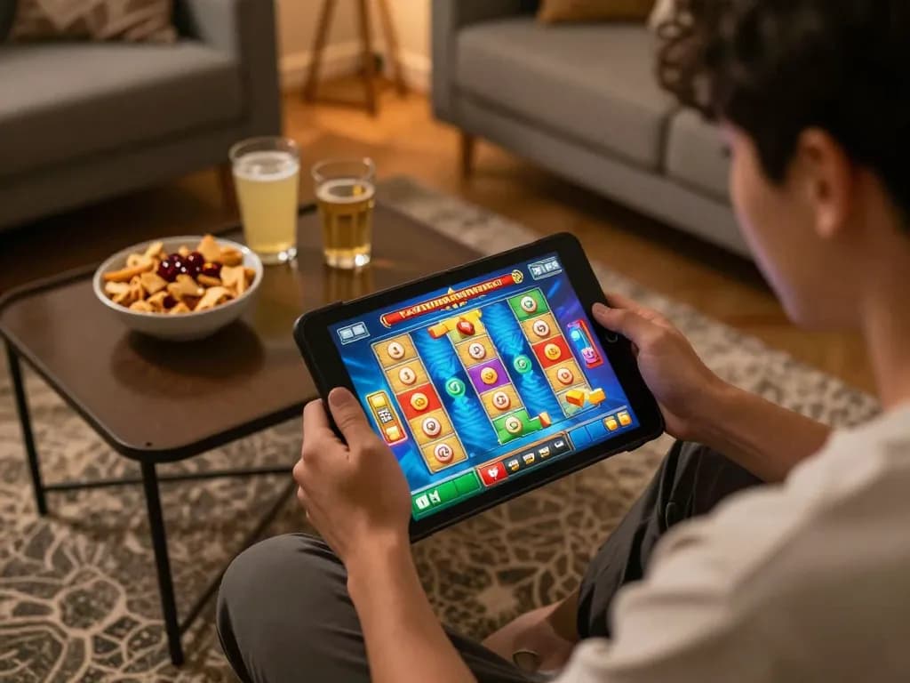 Engaged player spinning Mahjong Slot on tablet during lively home gaming session.
