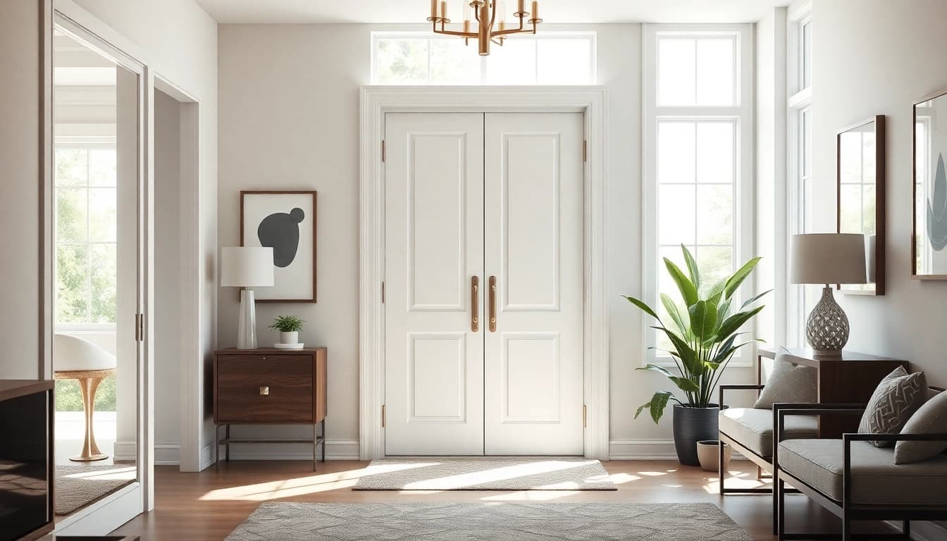 Open single leaf swing door invites entry with modern design and warm tones.