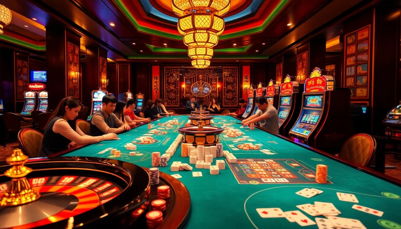 Players enjoying a slot demo mahjong game in a vibrant casino atmosphere filled with excitement.