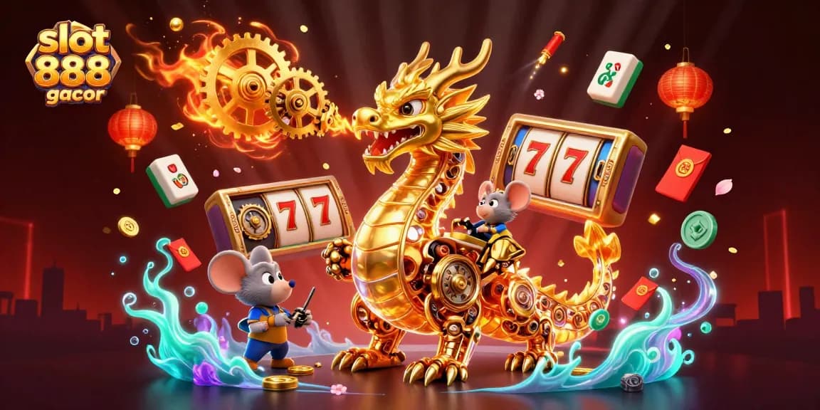 Spin and win with slot 888 gacor in a dynamic 3D casino illustration packed with vibrant game elements.
