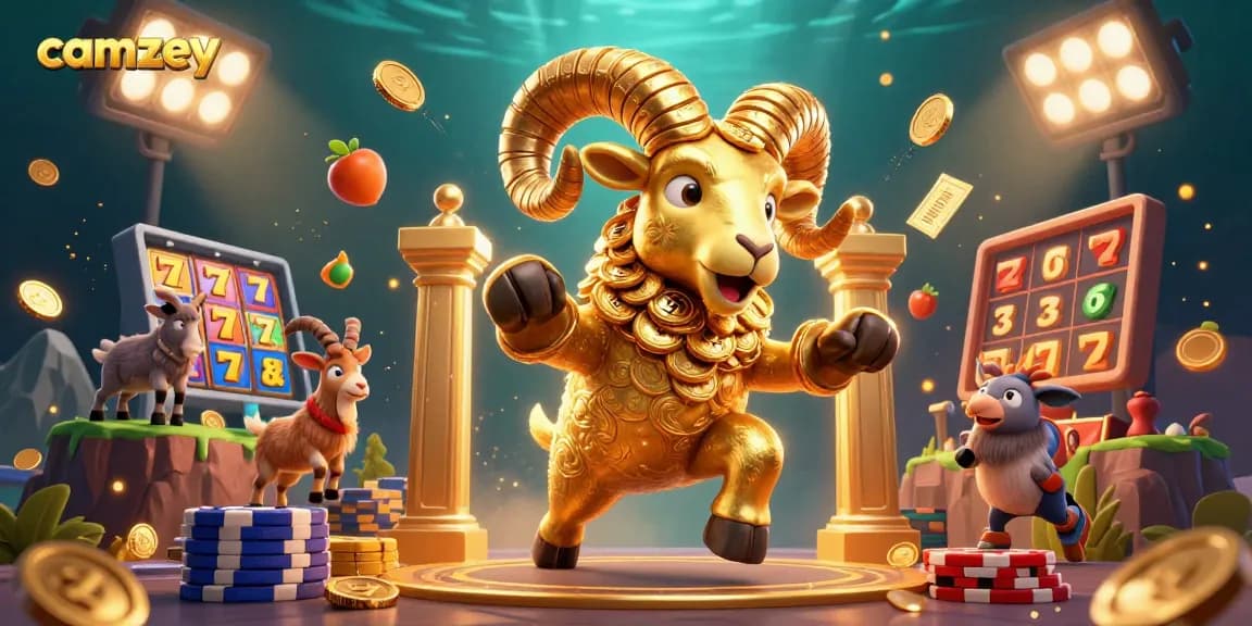 Engage in thrilling gameplay on camzey, featuring a golden ram charging through a vibrant casino scene.